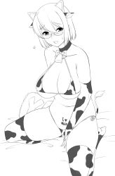 Rule 34 | 1girl, 2k-tan, animal ears, animal print, bare shoulders, bell, between legs, bikini, blush, body writing, bow, bowtie, breasts, bridal gauntlets, choker, cleavage, collarbone, cow ears, cow girl, cow print, cow tail, cowbell, extra ears, eyelashes, flying sweatdrops, furrowed brow, glasses, hair between eyes, halterneck, hand between legs, headgear, highres, kemonomimi mode, large breasts, lineart, looking at viewer, micro bikini, monochrome, navel, nose blush, open mouth, os-tan, pillow, print bikini, print thighhighs, ruriwo (ruriwo1894), short hair, side-tie bikini bottom, simple background, sitting, solo, swimsuit, tail, thighhighs, thighs, underboob, white background, yes, yes-no pillow