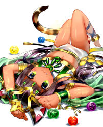 Rule 34 | 1girl, :3, animal ears, anklet, barefoot, bastet (p&amp;d), black hair, blunt bangs, blush, bracer, cat ears, cat tail, dark-skinned female, dark skin, egyptian, fang, fang out, fujiyama ichiha, green eyes, hair ornament, headpiece, jewelry, long hair, looking at viewer, lying, navel, on back, orb, puzzle &amp; dragons, revision, simple background, skirt, solo, strapless, tail, thigh gap, tube top, upside-down, white background, white skirt