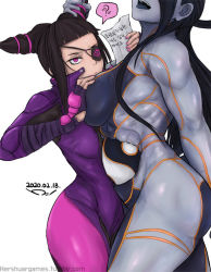 Rule 34 | 2girls, ?, biker clothes, bikesuit, black hair, bodypaint, bodysuit, grabbing another&#039;s breast, breasts, eyepatch, female seth (street fighter), grabbing, grabbing another&#039;s hair, hair horns, hair rings, halo, han juri, head out of frame, height difference, hershuar, korean text, large breasts, long hair, mars symbol, metal skin, multiple girls, muscular, muscular female, neon trim, orb, painted clothes, purple bodysuit, purple eyes, ringed eyes, solo focus, street fighter, street fighter v, tongue, tongue out, venus symbol, yin yang, yin yang orb
