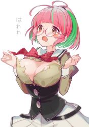 Rule 34 | 1girl, ahoge, bow, breasts, cleavage, commentary request, corset, cowboy shot, glasses, green hair, grey sailor collar, grey skirt, juliet sleeves, kantai collection, large breasts, long sleeves, multicolored hair, pink-framed eyewear, pink hair, pleated skirt, ponytail, puffy sleeves, red bow, red eyes, sailor collar, sailor shirt, school uniform, serafuku, shirt, short hair, skirt, solo, streaked hair, ume (kancolle), white background, yamashichi (mtseven)