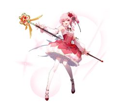 Rule 34 | 1girl, a ji, adapted costume, breasts, collared shirt, detached sleeves, flower, hair flower, hair ornament, high-waist skirt, highres, holding, holding staff, magical girl, nijisanji, nijisanji en, open mouth, pantyhose, pink eyes, pink hair, red flower, red rose, red skirt, rose, rosemi lovelock, rosemi lovelock (1st costume), shirt, side ponytail, skirt, small breasts, smile, solo, sparkle, staff, virtual youtuber, white pantyhose, white shirt