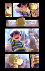 Rule 34 | 3boys, backpack, bag, baseball cap, battle, black hair, blonde hair, blue eyes, claus (mother 3), cloud, comic, commentary request, evil grin, evil smile, ghost, glowing, glowing eyes, grin, hat, highres, light, light rays, lucas (mother 3), male focus, masked man (mother 3), mimxxpk, mother (game), mother 2, mother 3, multiple boys, ness (mother 2), nintendo, one eye covered, possessed, red eyes, shaded face, shirt, smile, spoilers, striped clothes, striped shirt, super smash bros., sweatdrop
