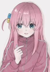 Rule 34 | 1girl, blue eyes, bocchi the rock!, commentary request, crossed bangs, cube hair ornament, gotoh hitori, hair between eyes, hair ornament, jacket, long hair, long sleeves, looking at viewer, moga (ponco gris), parted lips, pink hair, pink jacket, pointing, pointing at self, simple background, solo, sweat, track jacket, upper body, white background