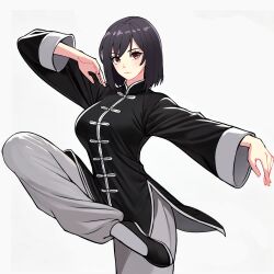 1girl absurdres black_dress black_hair china_dress chinese_clothes dress fighting fighting_stance highres kicking kokoro_no_koibito kung_fu long_sleeves martial_arts monk original red_eyes self-upload shaolin_monk short_hair tangzhuang training