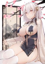 Rule 34 | 1girl, absurdres, azur lane, blush, breast curtains, breasts, cape, cherry blossoms, china dress, chinese clothes, dress, hair ornament, highres, large breasts, looking at viewer, pelvic curtain, pnatsu, red eyes, see-through, short dress, short hair, sideboob, sirius (azur lane), sirius (azure horizons) (azur lane), sitting, solo, thighhighs, thighs, white background, white hair, white thighhighs, window
