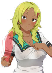Rule 34 | 10s, 1girl, aiura mikoto, blonde hair, blush, breasts, brown eyes, chestnut mouth, cleavage, collarbone, dark skin, dark-skinned female, gyaru, hair ornament, hairclip, holding, holding paper, large breasts, looking at viewer, mdf an, nail polish, paper, pink nails, saiki kusuo no psi nan, school uniform, shirt, simple background, solo, upper body, white shirt