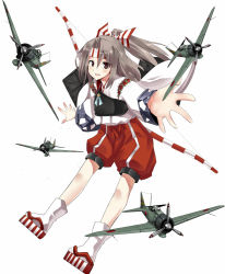 Rule 34 | 10s, 1girl, aircraft, airplane, archery, bad id, bad pixiv id, bow (weapon), brown eyes, grey hair, hachimaki, headband, japanese clothes, kantai collection, kurume shou, kyuudou, long hair, looking at viewer, muneate, open mouth, ponytail, ribbon, skirt, solo, weapon, white background, zuihou (kancolle)
