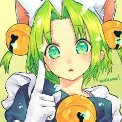 Rule 34 | 1girl, animal ears, aqua eyes, bell, cat ears, chestnut mouth, dejiko, di gi charat, gloves, green hair, hair intakes, hair ornament, index finger raised, jingle bell, looking at viewer, short hair, short twintails, solo, tokijim, twintails, two side up, yellow background