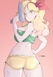 Rule 34 | 1girl, blonde hair, breasts, closed mouth, commentary, dragon ball, dragon ball (classic), english commentary, from behind, gradient background, green eyes, gun, hair ribbon, hairband, hand on own hip, holding, holding gun, holding weapon, hot vr, injury, large breasts, long hair, looking at viewer, lunch (bad) (dragon ball), lunch (dragon ball), panties, patreon username, pixiv username, red background, red hairband, red ribbon, ribbon, shorts, smile, solo, submachine gun, torn clothes, underwear, weapon, white panties, yellow shorts