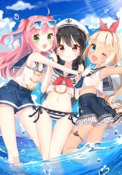 Rule 34 | 3girls, bikini, black hair, blonde hair, blue eyes, blue sailor collar, blush, breasts, cleavage, day, eyewear on head, fang, girl sandwich, gradient background, green eyes, hat, highres, hug, jimmy madomagi, long hair, looking at viewer, multiple girls, navel, ocean, one eye closed, open mouth, original, pink hair, ponytail, red eyes, sailor collar, sailor hat, sandwiched, shorts, side-tie bikini bottom, skirt, sky, small breasts, smile, striped bikini, striped clothes, swimsuit, twintails, water