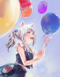 Rule 34 | 1girl, absurdres, animal ears, bag, balloon, blue sky, cat ears, commentary, cube hair ornament, day, dutch angle, english commentary, gawr gura, gawr gura (casual), hair ornament, handbag, highres, hololive, hololive english, huge filesize, hyde (tabakko), long hair, looking away, open mouth, outdoors, sharp teeth, shoulder bag, side ponytail, sky, solo, teeth, upper body, virtual youtuber, white hair