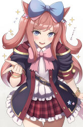 Rule 34 | 1girl, agnes digital (umamusume), animal ears, belt, blue eyes, blush, bow, commentary request, hair bow, highres, hood, hooded coat, horse ears, horse girl, horse tail, jacket, long hair, looking at viewer, open mouth, pink hair, princess connect!, school uniform, seiji (artman), solo, tail, translation request, umamusume, white background