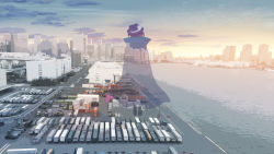 Rule 34 | black headwear, bow, brown hair, building, container, evening, floating, harbor, hat, hat bow, real world location, scenery, see-through, skyline, skyscraper, tokoroten (hmmuk), tokyo, touhou, usami sumireko, water, white bow