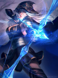 Rule 34 | 1girl, armor, arrow (projectile), ashe (league of legends), black dress, blue eyes, boots, bow (weapon), breasts, cape, dress, fingerless gloves, gloves, glowing, glowing weapon, hood, image sample, league of legends, long hair, marisa oh, medium breasts, pauldrons, shoulder armor, silver hair, solo, thigh boots, thighhighs, watermark, weapon, web address