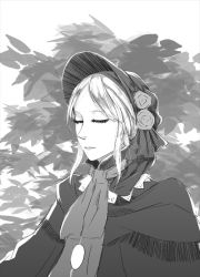 Rule 34 | 1girl, animated, animated gif, arsenixc, bad id, bad twitter id, blinking, bloodborne, bonnet, cloak, expressionless, flower, from software, greyscale, looking away, monochrome, plain doll, scarf, short hair, solo