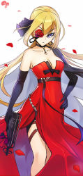 Rule 34 | 1girl, artist name, belt, black bow, black choker, black gloves, blonde hair, blue eyes, bow, breasts, cape, center opening, choker, cleavage, dress, earrings, elbow gloves, eyepatch, flower, girls&#039; frontline, gloves, gun, hair ornament, hand on own hip, highres, holding, holding gun, holding weapon, jewelry, krokobyaka, long hair, looking at viewer, low twintails, machine pistol, official alternate costume, personal defense weapon, red dress, red flower, red rose, rose, side slit, single bare shoulder, skorpion (crimson starlet) (girls&#039; frontline), skorpion (girls&#039; frontline), skorpion vz. 61, solo, strapless, strapless dress, submachine gun, twintails, very long hair, weapon
