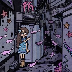 Rule 34 | 1girl, alley, barnacle, blue dress, blush, boots, brown eyes, brown footwear, brown hair, dress, fish, garouma, highres, index finger raised, long hair, octopus, open mouth, original, print dress, shell hair ornament, short sleeves, solo, standing, starfish, surreal, wide shot