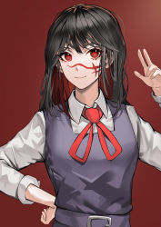 Rule 34 | 1girl, absurdres, black hair, chainsaw man, clip miao, collared shirt, dress, facial scar, highres, long hair, looking at viewer, neck ribbon, pinafore dress, red eyes, ribbon, ringed eyes, scar, scar on cheek, scar on face, school uniform, shirt, simple background, sleeveless, sleeveless dress, smile, solo, white shirt, yoru (chainsaw man)