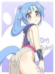 Rule 34 | 10s, 1girl, animal ears, blue hair, blush, copyright name, cowboy shot, dog days, forehead jewel, from side, gold trim, horse girl, long hair, looking at viewer, no panties, outside border, pizanuko, ponytail, purple eyes, sharu (dog days), side slit, solo, tail