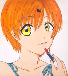 Rule 34 | 1girl, artist name, artist request, blush, cat hair ornament, collarbone, female focus, green eyes, hair between eyes, hair ornament, hairclip, holding lipstick, hoshizora rin, lipstick, looking at viewer, love live!, love live! school idol project, makeup, orange hair, parted lips, short hair, smile, solo, yellow eyes, yume09 09
