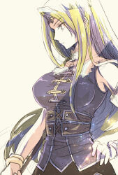 Rule 34 | 1girl, blonde hair, breasts, circlet, closed mouth, elbow gloves, gloves, harushino, large breasts, long hair, mystina (valkyrie profile), simple background, solo, staff, valkyrie profile (series), white background