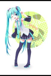 Rule 34 | 1girl, ;d, aqua eyes, aqua hair, asato727, boots, detached sleeves, hatsune miku, high heels, highres, letterboxed, long hair, necktie, one eye closed, open mouth, pigeon-toed, salute, skirt, smile, solo, thigh boots, thighhighs, twintails, very long hair, vocaloid, wink