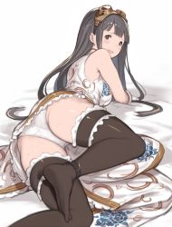 Rule 34 | 10s, 1girl, bare shoulders, black hair, black thighhighs, blush, breasts, brown eyes, china dress, chinese clothes, dress, gloves, goggles, goggles on head, granblue fantasy, hanarito, hime cut, jessica (granblue fantasy), long hair, looking at viewer, looking back, lying, no shoes, on stomach, open mouth, panties, smile, solo, thighhighs, underwear