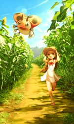 Rule 34 | 1girl, :d, aged down, armpits, arms up, artistic error, bare arms, bare legs, bare shoulders, bow, bowtie, brown eyes, brown hair, brown headwear, cloud, collarbone, creatures (company), day, dress, female focus, field, flower, flower field, full body, game freak, gen 2 pokemon, green eyes, hand on headwear, hat, jasmine (pokemon), ledyba, leg up, lens flare, light rays, long hair, nintendo, no legwear, open mouth, path, plant, pokemon, pokemon (creature), pokemon hgss, red bow, red bowtie, revision, ribero, road, running, sandals, shadow, sleeveless, sleeveless dress, smile, summer, sun hat, sundress, sunflora, sunflower, sunflower field, sunlight, wrong foot