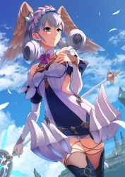 Rule 34 | 1girl, blue eyes, braid, breasts, cowboy shot, crown braid, day, dutch angle, from below, head wings, highres, holding, holding staff, juliet sleeves, long sleeves, melia antiqua, nintendo, o-ring, outdoors, puffy sleeves, silver hair, sky, small breasts, solo, staff, sugarbeat, thighhighs, wings, xenoblade chronicles, xenoblade chronicles: future connected, xenoblade chronicles (series), xenoblade chronicles 1