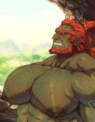 Rule 34 | 1boy, abs, absurdres, bara, blush, cave, crown, ear piercing, earrings, ganondorf, ghangaji, hairy, highres, jewelry, large areolae, large pectorals, long hair, male focus, manly, mature male, muscular, muscular male, nintendo, nipples, orange eyes, pectorals, piercing, red hair, rock, sky, solo, sweat, sweatdrop, teeth, the legend of zelda, the legend of zelda: tears of the kingdom, thick eyebrows, upper body, veins