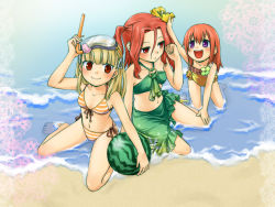 Rule 34 | 3girls, :d, anklet, barefoot, beach, bikini, blonde hair, candy (rune factory), day, diving mask, diving mask on head, drop (rune factory), flower, food, front-tie top, fruit, goggles, goggles on head, hair flower, hair ornament, highres, holding, holding food, holding fruit, jewelry, junji, kneeling, long hair, multiple girls, one-piece swimsuit, open mouth, outdoors, purple eyes, red eyes, red hair, rosetta, rune factory, rune factory frontier, sarong, side-tie bikini bottom, sitting, smile, snorkel, striped bikini, striped clothes, swimsuit, twintails, wading, wariza, water, watermelon