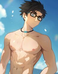 Rule 34 | 1boy, abs, asymmetrical bangs, avan geiserford, black hair, blue eyes, blue sky, blurry, blurry background, closed mouth, cloud, collarbone, expressionless, glasses, highres, jewelry, jock studio (blits games), looking at viewer, male focus, mufleeq, navel, necklace, nipples, pectorals, short hair, sky, solo, upper body, water drop