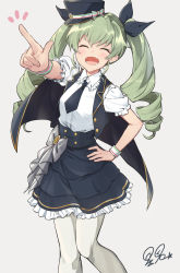 Rule 34 | 1girl, :d, absurdres, anchovy (girls und panzer), artist name, black cape, black hat, black jacket, black necktie, black ribbon, black skirt, bow, bow skirt, cape, closed eyes, collar, commentary, drill hair, frilled collar, frilled skirt, frilled sleeves, frills, girls und panzer, girls und panzer senshadou daisakusen!, green hair, grey background, grey bow, hair ribbon, hand on own hip, hat, high-waist skirt, highres, jacket, long hair, mamu t7s, miniskirt, necktie, notice lines, open mouth, pantyhose, pointing, pointing at viewer, ribbon, shako cap, shirt, short sleeves, signature, single horizontal stripe, skirt, smile, solo, standing, tilted headwear, twin drills, twintails, white pantyhose, white shirt, wristband