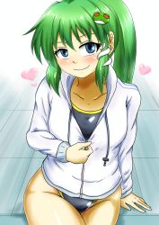 Rule 34 | 1girl, black one-piece swimsuit, breasts, competition swimsuit, d-m (dii emu), frog hair ornament, green eyes, green hair, hair ornament, highres, jacket, kochiya sanae, long hair, looking at viewer, medium breasts, one-piece swimsuit, ponytail, sitting, smile, snake hair ornament, solo, swimsuit, swimsuit under clothes, thighs, touhou, track jacket, unzipping