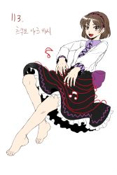 Rule 34 | 1girl, absurdres, back bow, bare legs, barefoot, black skirt, blush, bow, breasts, brown eyes, brown hair, collared shirt, commentary, derivative work, double dealing character, frilled skirt, frills, full body, hairband, happy, highres, instrument, korean commentary, koto (instrument), kuya (hey36253625), long sleeves, looking at viewer, mixed-language commentary, musical note, open mouth, plectrum, purple bow, purple hairband, shirt, short hair, simple background, skirt, small breasts, toes, touhou, translated, tsukumo yatsuhashi, white background, white shirt