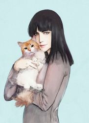 Rule 34 | 1girl, amal-amaru, animal, black hair, blue background, blunt bangs, cat, grey eyes, grey shirt, hatching (texture), holding, holding animal, hug, lips, long hair, long sleeves, looking at viewer, nico robin, one piece, shirt, simple background, smile, solo, straight hair, upper body