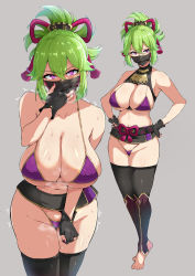 Rule 34 | 1girl, absurdres, bad id, bad pixiv id, barefoot, bikini, black mask, breasts, cleavage, covered erect nipples, covered mouth, curvy, genshin impact, gloves, green hair, grey background, hand on own hip, heart, heart-shaped pupils, highres, holding, holding mask, kuki shinobu, large breasts, looking at viewer, mask, mon (manarestra), mouth mask, nail polish, ninja, ninja mask, partially fingerless gloves, ponytail, purple bikini, purple eyes, purple nails, purple rope, rope, standing, sweat, swimsuit, symbol-shaped pupils
