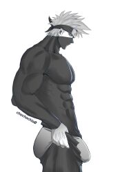 Rule 34 | 1boy, alternate muscle size, alternate pectoral size, ass, bara, bulge, bulge lift, chachachia0, covered abs, dressing, feet out of frame, forehead protector, from side, greyscale, hatake kakashi, highres, i&#039;ve never seen a guy recreate this successfully tbh (meme), konohagakure symbol, large pectorals, long sleeves, male focus, mask, meme, monochrome, mouth mask, muscular, muscular male, naruto (series), naruto shippuuden, ninja, ninja mask, open pants, pants, pants lift, pectorals, shirt, short hair, solo, taut clothes, taut shirt, undersized clothes