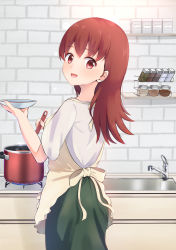 Rule 34 | 1girl, apron, brown eyes, brown hair, commentary request, cooking, faucet, from behind, green skirt, highres, kantai collection, kitchen, ladle, long hair, looking at viewer, looking back, ochikata kage, ooi (kancolle), open mouth, pot, shirt, sink, skirt, smile, solo, spice, stove, white shirt