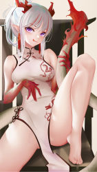 Rule 34 | 1girl, :q, arknights, bare legs, bare shoulders, barefoot, china dress, chinese clothes, commentary request, covered navel, dress, highres, holding tail, horns, knee up, liu liaoliao, long hair, looking at viewer, multicolored hair, nian (arknights), nian (unfettered freedom) (arknights), official alternate costume, partial commentary, pointy ears, purple eyes, red hair, silver hair, sitting, sleeveless, smile, solo, streaked hair, tail, thighs, tongue, tongue out, white dress