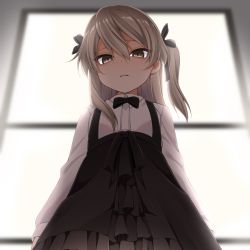 Rule 34 | 1girl, artist request, black bow, black bowtie, black ribbon, black skirt, bow, bowtie, brown eyes, casual, collared shirt, female focus, from below, frown, girls und panzer, glaring, hair ribbon, high-waist skirt, korean commentary, layered skirt, light brown hair, long hair, long sleeves, looking at viewer, looking down, one side up, parted lips, ribbon, shimada arisu, shirt, skirt, solo, standing, suspender skirt, suspenders, tagme, white shirt, window