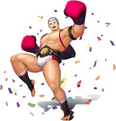 Rule 34 | 1boy, abs, artist request, bara, bare pectorals, blue eyes, boxing gloves, bulge, confetti, facial hair, full body, goatee, gyee, highres, izumi (gyee), large pectorals, male focus, muscular, muscular male, navel, nipples, official art, pectorals, short hair, silver hair, solo, stomach, thick thighs, thighs, transparent background, wrestling outfit
