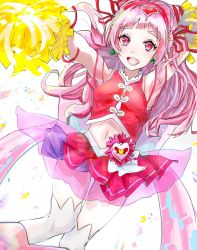 Rule 34 | 1girl, blush, cheerleader, cure yell, dress, hugtto! precure, long hair, magical girl, midriff, navel, open mouth, pink hair, precure, red eyes, smile, solo