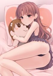 Rule 34 | 1girl, alternate costume, alternate hairstyle, ass, babydoll, bare shoulders, black panties, blush, brown eyes, character doll, commentary, doll, female focus, frilled babydoll, frown, glaring, hair down, highres, k3rd, legs, light brown hair, long hair, looking at viewer, lying, misaka mikoto, hugging object, on bed, on side, panties, parted bangs, school uniform, shirai kuroko, solo, stuffed toy, symbol-only commentary, thighs, toaru kagaku no railgun, toaru majutsu no index, tokiwadai school uniform, underwear, yes-no pillow