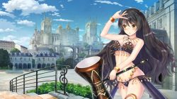Rule 34 | 1girl, :o, arm up, bangle, bare shoulders, bikini, black bikini, black hair, blue sky, blush, bra, bracelet, breasts, building, bush, castle, city, cleavage, cloud, cloudy sky, cowboy shot, cuffs, day, dmm, drum, fountain, gate, girls symphony, gold necklace, hammer, highres, holding, holding weapon, instrument, jewelry, lamppost, lingerie, long hair, medium breasts, necklace, outdoors, palace, panties, parted lips, railing, sky, skyline, solo, stairs, standing, stomach, swimsuit, symphony x, town, tree, underwear, very long hair, waist cape, wallpaper, weapon, yellow eyes