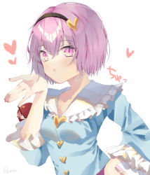 Rule 34 | 1girl, black hairband, blouse, blowing kiss, blue shirt, blush, breasts, buttons, commentary request, eyeball, frilled shirt collar, frills, hair between eyes, hairband, hand on own hip, hand up, heart, komeiji satori, long sleeves, looking at viewer, pink eyes, pink hair, shiromoru (yozakura rety), shirt, short hair, simple background, slit pupils, small breasts, solo, third eye, touhou, upper body, white background, wide sleeves