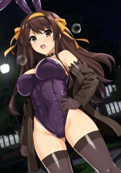 Rule 34 | 1girl, absurdres, animal ears, arm at side, armpits, bare shoulders, black choker, bow, breasts, brick floor, brown eyes, brown gloves, brown hair, brown jacket, brown thighhighs, building, cameltoe, choker, coat, collarbone, covered navel, cowboy shot, dutch angle, elbow gloves, fake animal ears, gloves, gluteal fold, grass, hair bow, hair over shoulder, hairband, hand on own hip, haruhisky, highres, jacket, lace, lace-trimmed gloves, lace trim, lamppost, large breasts, leotard, light blush, long hair, looking at viewer, night, off shoulder, official alternate costume, official alternate hair length, official alternate hairstyle, open mouth, outdoors, playboy bunny, purple leotard, rabbit ears, sidelocks, solo, standing, straight hair, suzumiya haruhi, suzumiya haruhi no yuuutsu, sweat, sweatdrop, swept bangs, teeth, thighhighs, tree, trench coat, upper teeth only, very long hair, window, yellow bow, yellow hairband