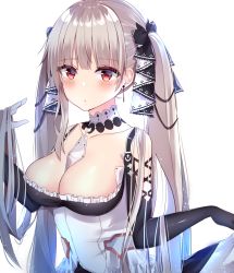 Rule 34 | 1girl, azur lane, bare shoulders, between breasts, black dress, blush, breasts, cleavage, dress, earrings, formidable (azur lane), frilled dress, frills, grey hair, hair ribbon, hand in own hair, highres, jewelry, large breasts, long hair, long sleeves, looking at viewer, red eyes, ribbon, skirt hold, solo, twintails, two-tone dress, very long hair, yuteke key