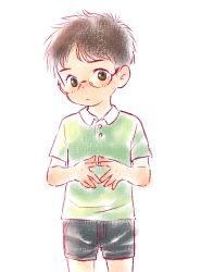 Rule 34 | 1boy, bad id, bad twitter id, black hair, black shorts, child, fingers together, glasses, green eyes, highres, kimura b, male focus, original, short hair, shorts, simple background, solo, white background