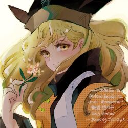 Rule 34 | 1girl, blonde hair, blush, breasts, closed mouth, commentary request, emimi (emimi 28), expressionless, hat, highres, holding, long hair, looking at viewer, matara okina, medium breasts, portrait, simple background, solo, tabard, touhou, very long hair, white background, yellow eyes